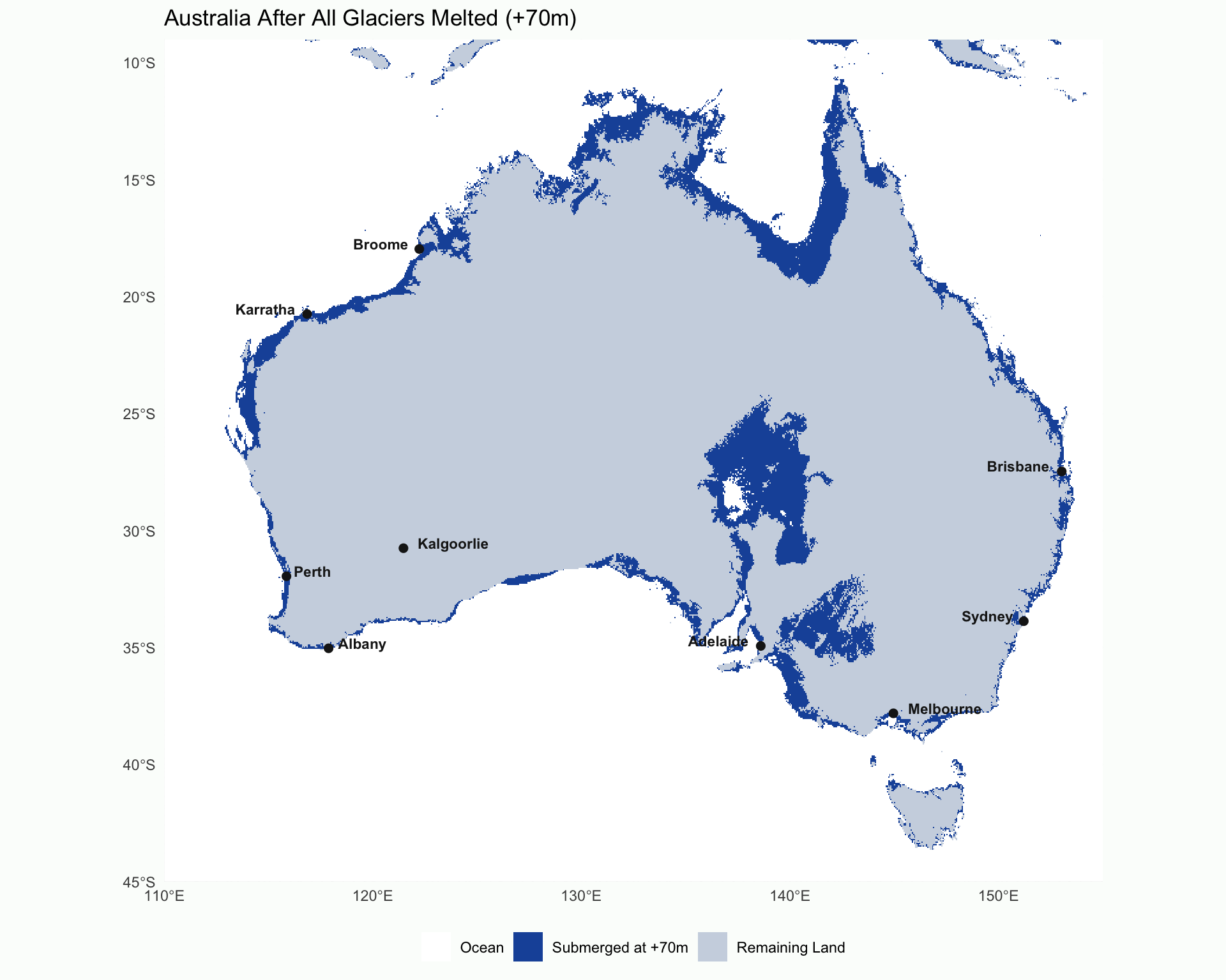 Map of Australia showing submerged land at +70m sea level